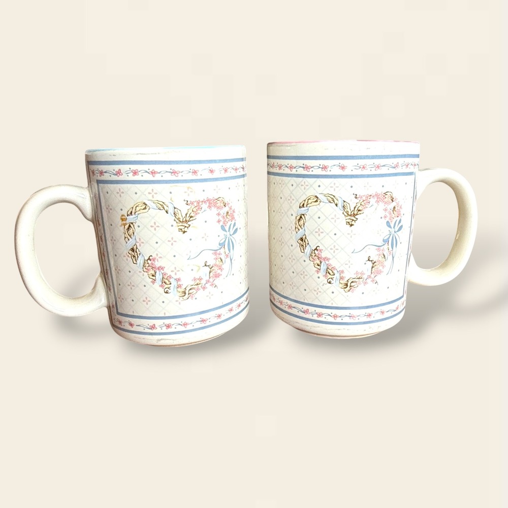 Vintage 1989 House of Lloyd Heart Floral Mugs Set of 2 Pink Blue Cottage Grandma